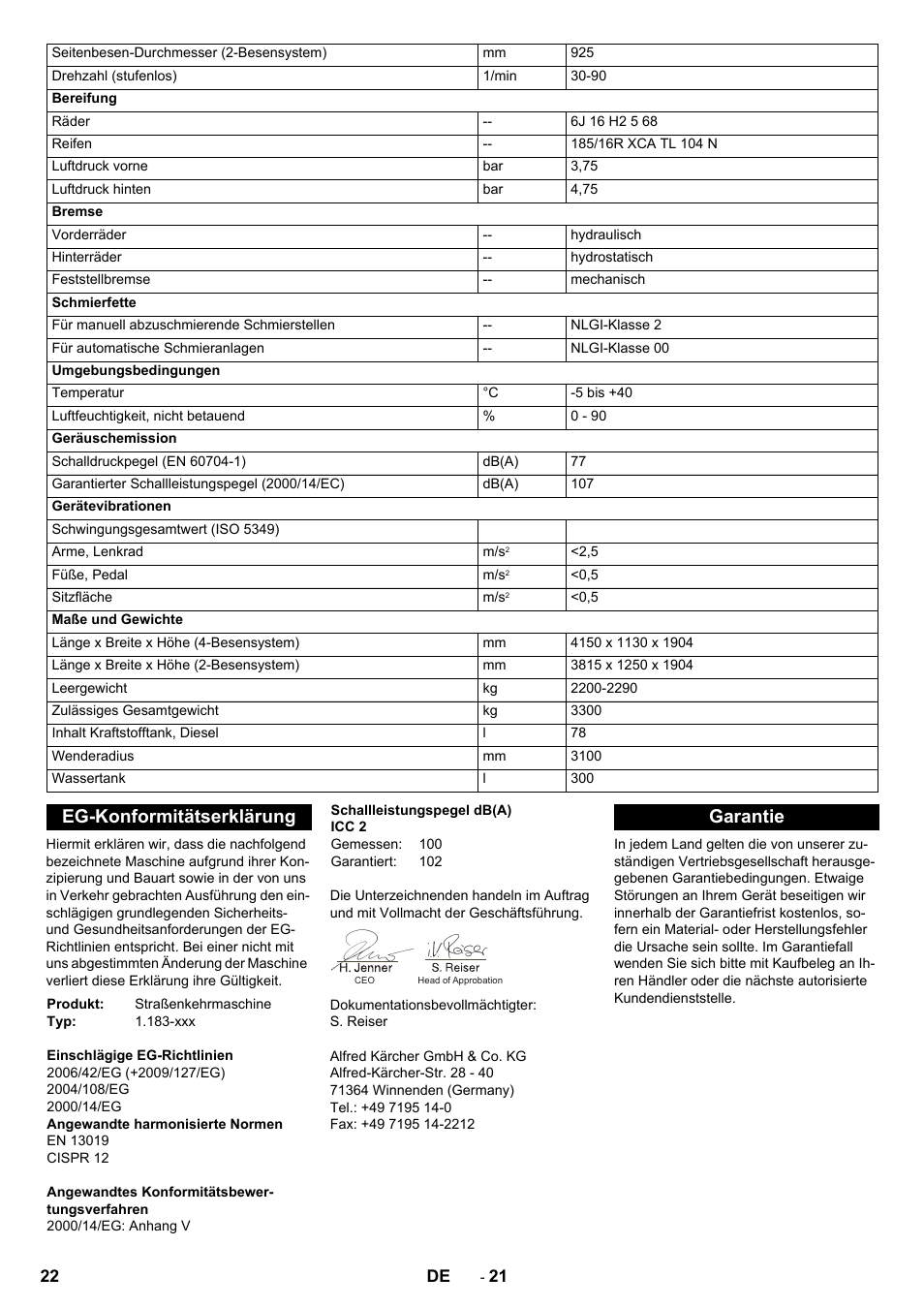 Eg-konformitätserklärung, Garantie | Karcher ICC 2 D ECO 2SB STAGE IIIa User Manual | Page 22 / 328