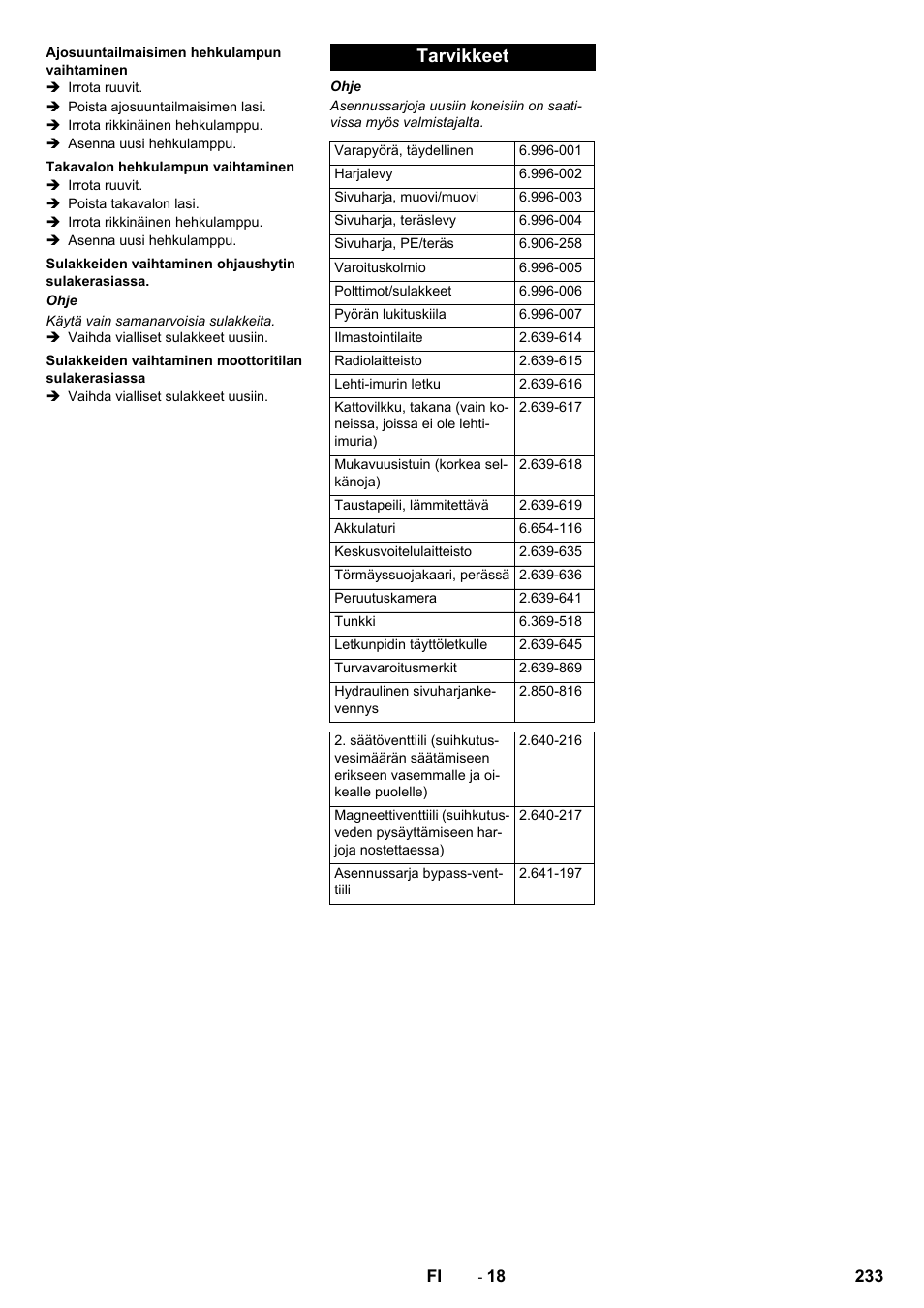 Ajosuuntailmaisimen hehkulampun vaihtaminen, Takavalon hehkulampun vaihtaminen, Sulakkeiden vaihtaminen ohjaushytin sulakerasiassa | Tarvikkeet | Karcher ICC 2 D ECO 2SB STAGE IIIa User Manual | Page 233 / 328