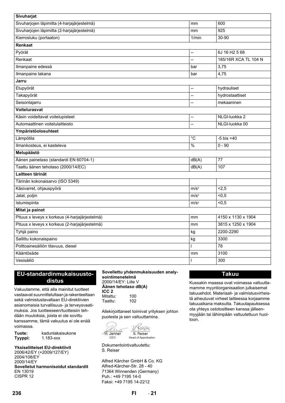Eu-standardinmukaisuustodistus, Takuu, Eu-standardinmukaisuusto- distus | Karcher ICC 2 D ECO 2SB STAGE IIIa User Manual | Page 236 / 328