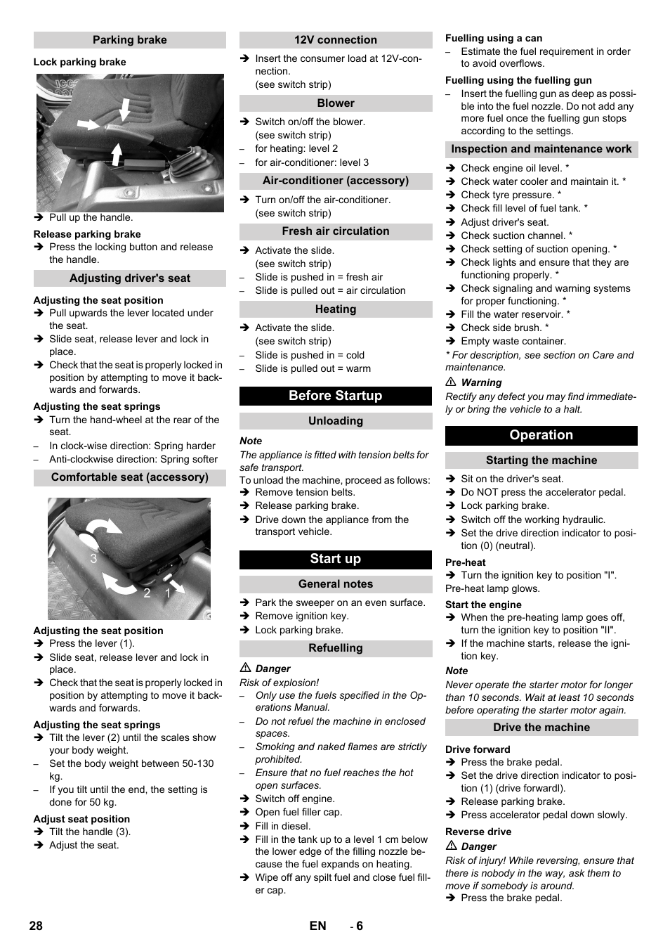 Parking brake, Lock parking brake, Release parking brake | Adjusting driver's seat, Adjusting the seat position, Adjusting the seat springs, Comfortable seat (accessory), Adjust seat position, 12v connection, Blower | Karcher ICC 2 D ECO 2SB STAGE IIIa User Manual | Page 28 / 328