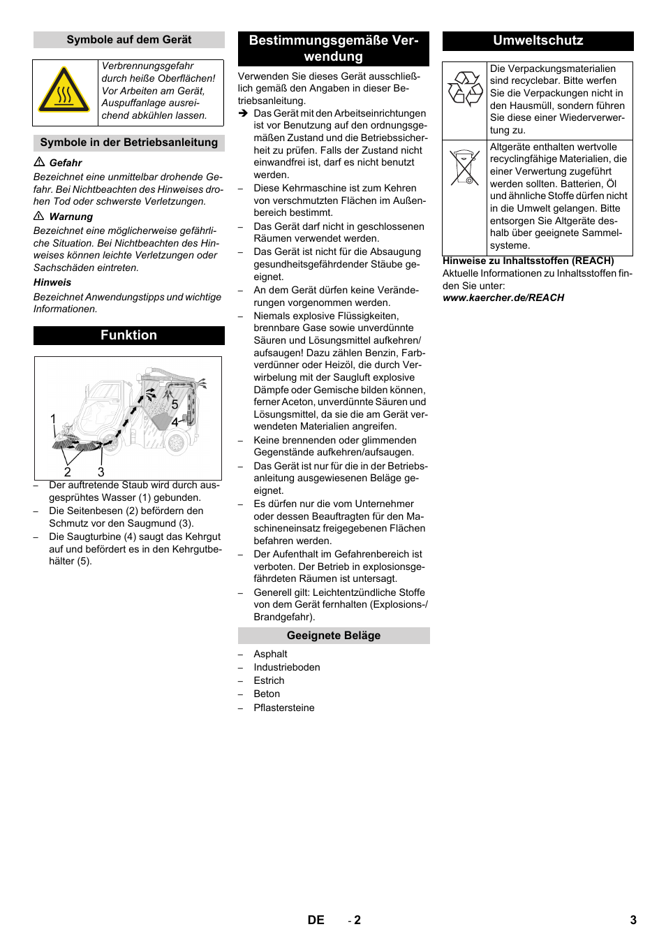 Symbole auf dem gerät, Symbole in der betriebsanleitung, Funktion | Bestimmungsgemäße verwendung, Geeignete beläge, Umweltschutz, Funktion bestimmungsgemäße ver- wendung | Karcher ICC 2 D ECO 2SB STAGE IIIa User Manual | Page 3 / 328