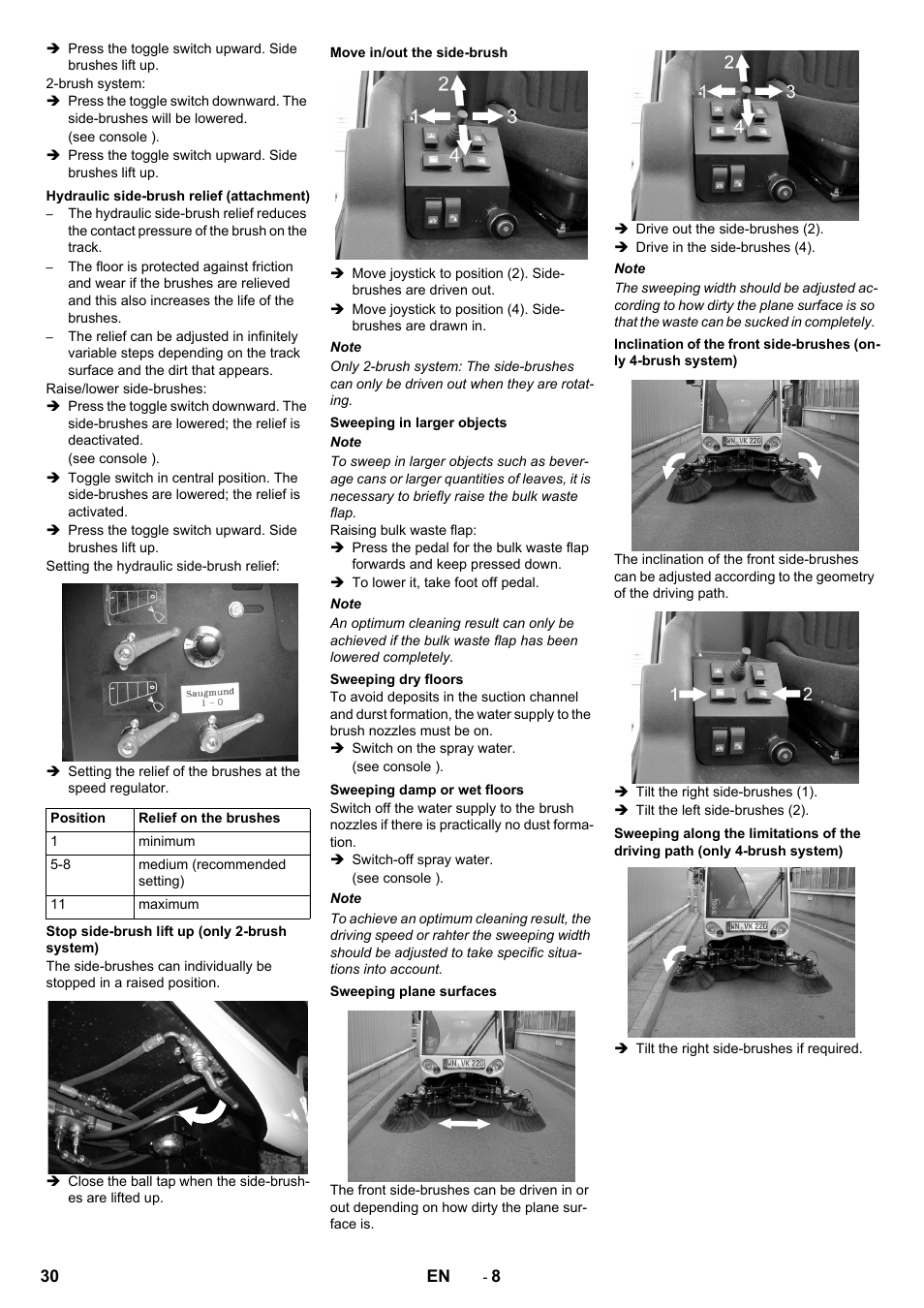 Hydraulic side-brush relief (attachment), Stop side-brush lift up (only 2-brush system), Move in/out the side-brush | Sweeping in larger objects, Sweeping dry floors, Sweeping damp or wet floors, Sweeping plane surfaces | Karcher ICC 2 D ECO 2SB STAGE IIIa User Manual | Page 30 / 328