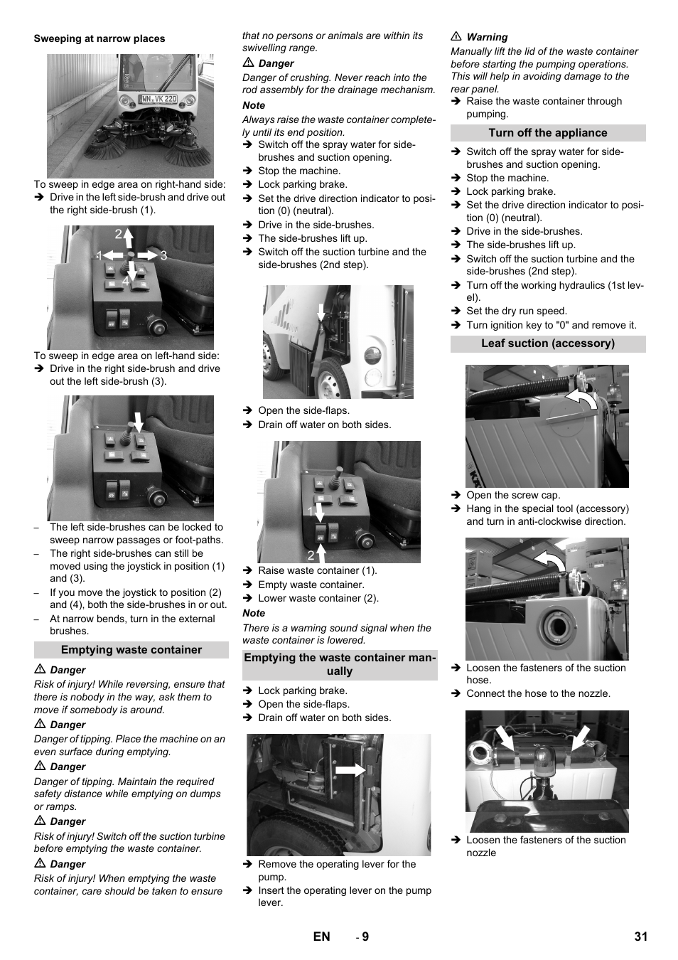 Sweeping at narrow places, Emptying waste container, Emptying the waste container manually | Turn off the appliance, Leaf suction (accessory) | Karcher ICC 2 D ECO 2SB STAGE IIIa User Manual | Page 31 / 328