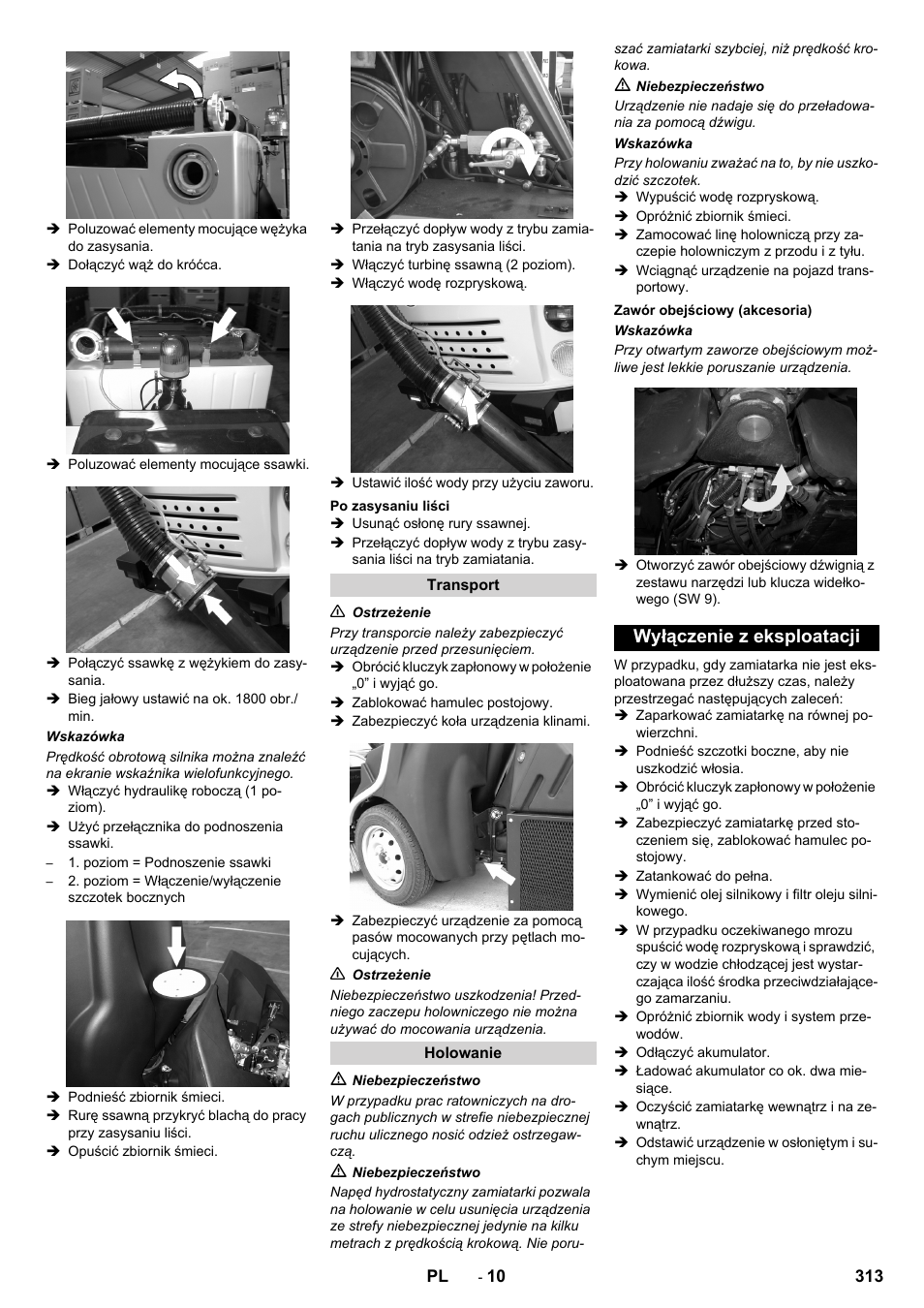Po zasysaniu liści, Transport, Holowanie | Zawór obejściowy (akcesoria), Wyłączenie z eksploatacji | Karcher ICC 2 D ECO 2SB STAGE IIIa User Manual | Page 313 / 328
