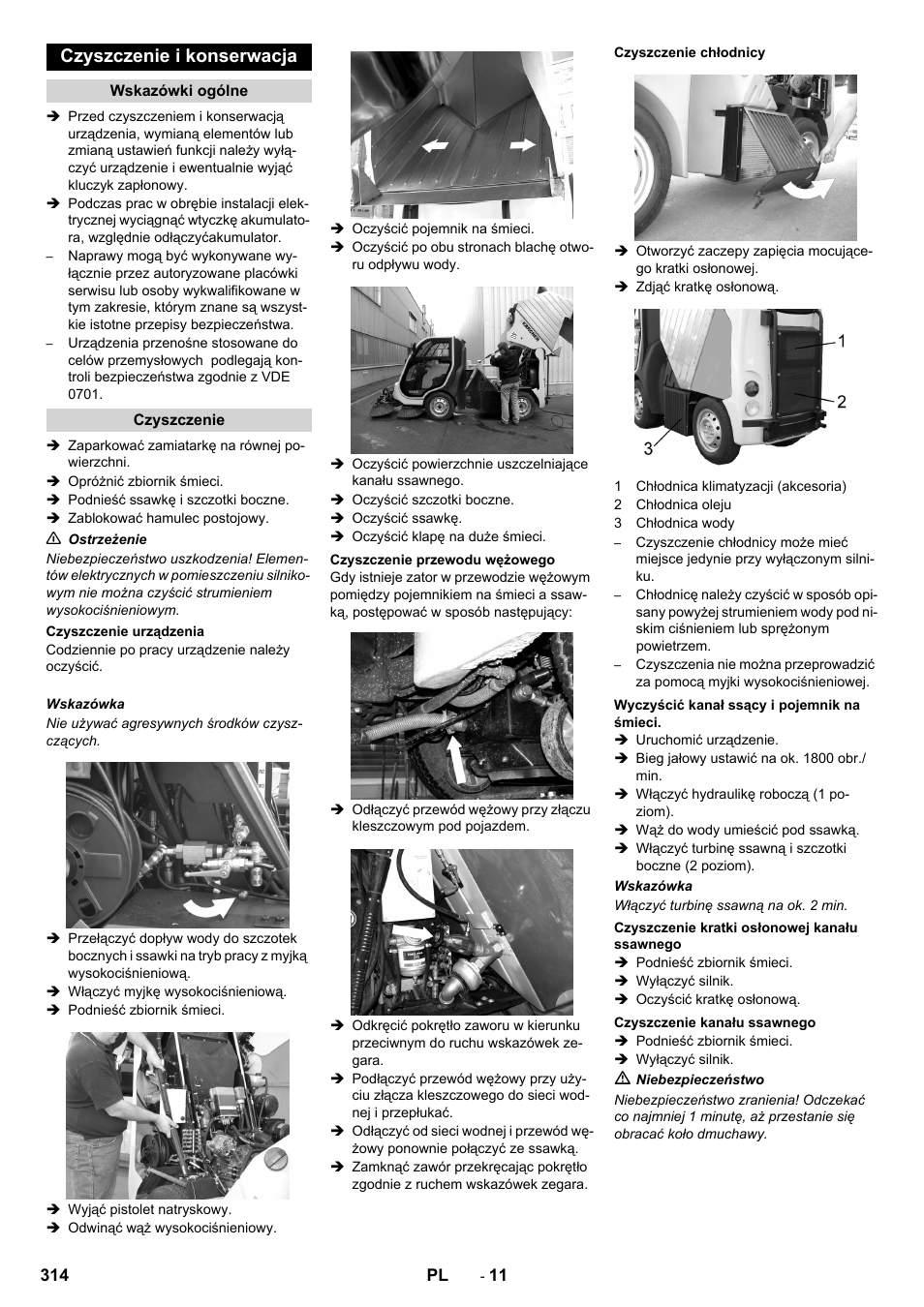 Czyszczenie i konserwacja, Wskazówki ogólne, Czyszczenie | Czyszczenie urządzenia, Czyszczenie przewodu wężowego, Czyszczenie chłodnicy, Wyczyścić kanał ssący i pojemnik na śmieci, Czyszczenie kratki osłonowej kanału ssawnego, Czyszczenie kanału ssawnego | Karcher ICC 2 D ECO 2SB STAGE IIIa User Manual | Page 314 / 328