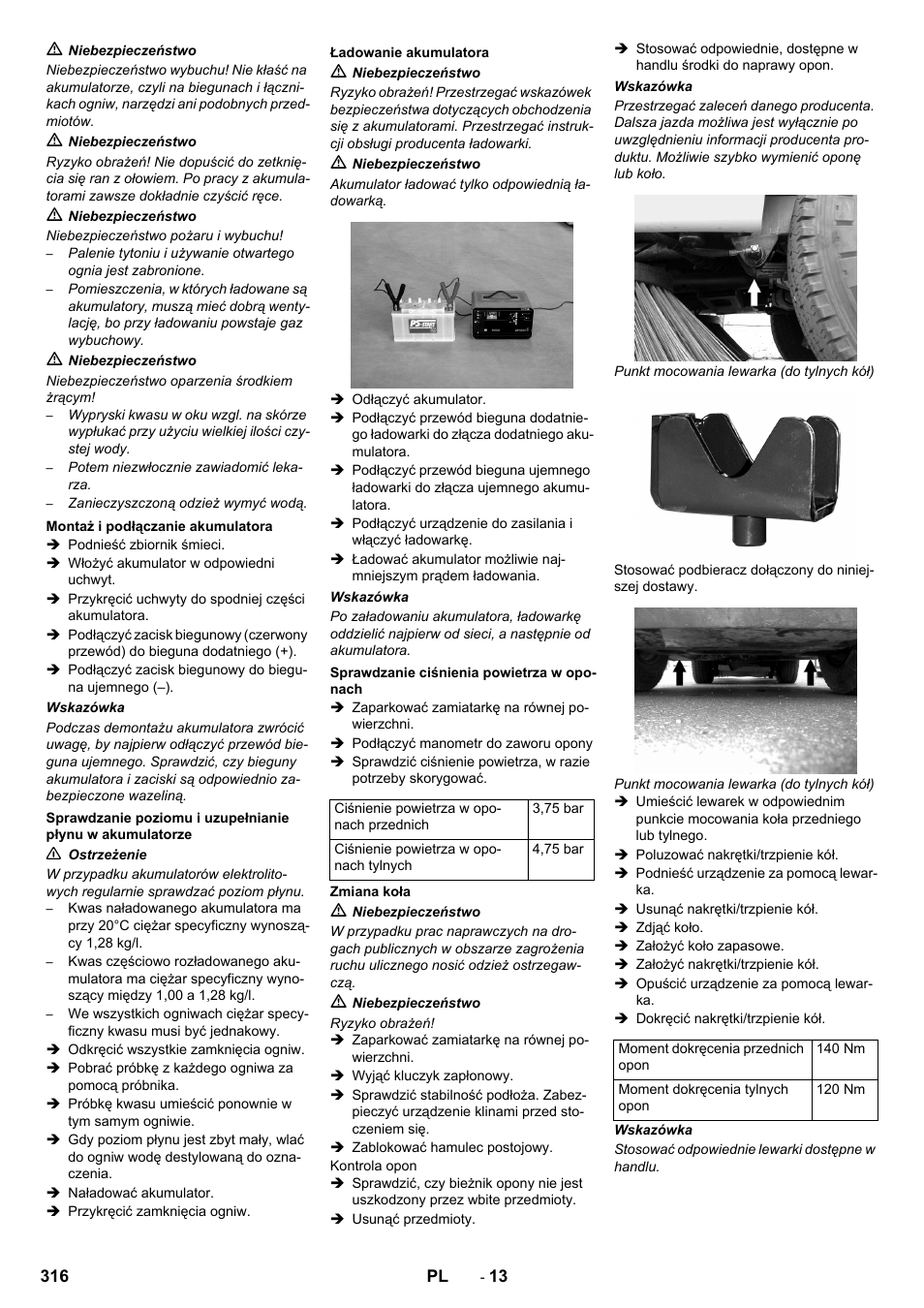 Montaż i podłączanie akumulatora, Ładowanie akumulatora, Sprawdzanie ciśnienia powietrza w oponach | Zmiana koła | Karcher ICC 2 D ECO 2SB STAGE IIIa User Manual | Page 316 / 328