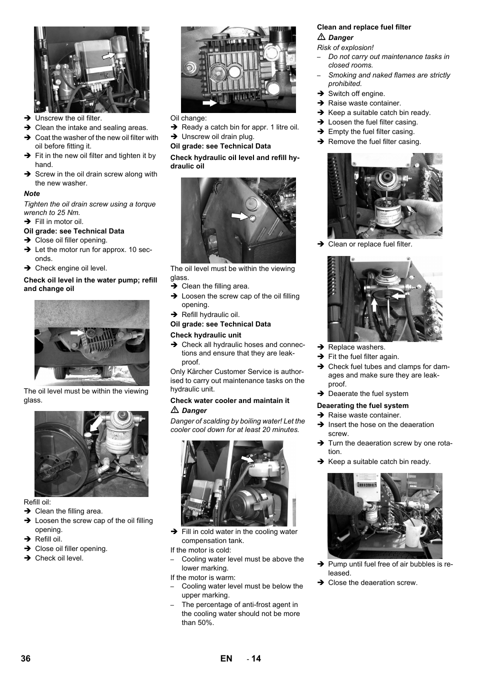 Check hydraulic oil level and refill hydraulic oil, Check hydraulic unit, Check water cooler and maintain it | Clean and replace fuel filter, Deaerating the fuel system | Karcher ICC 2 D ECO 2SB STAGE IIIa User Manual | Page 36 / 328