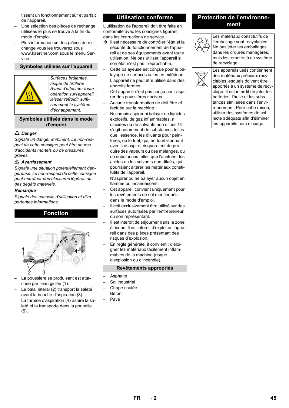 Symboles utilisés sur l'appareil, Symboles utilisés dans le mode d'emploi, Fonction | Utilisation conforme, Revêtements appropriés, Protection de l’environnement, Fonction utilisation conforme, Protection de l’environne- ment | Karcher ICC 2 D ECO 2SB STAGE IIIa User Manual | Page 45 / 328