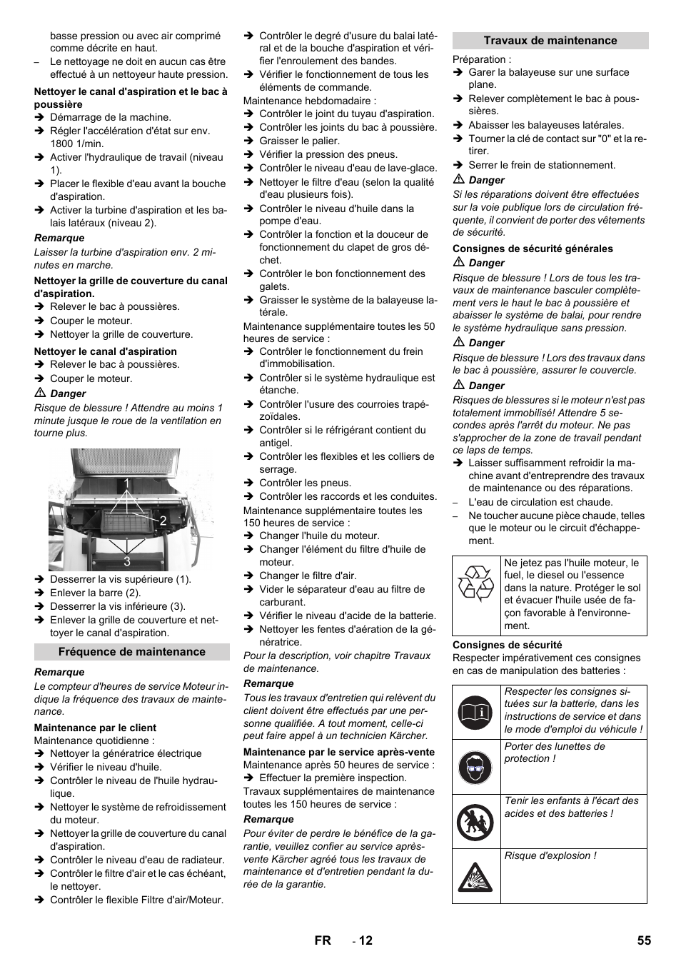 Nettoyer le canal d'aspiration, Fréquence de maintenance, Maintenance par le client | Maintenance par le service après-vente, Travaux de maintenance, Consignes de sécurité générales, Consignes de sécurité | Karcher ICC 2 D ECO 2SB STAGE IIIa User Manual | Page 55 / 328