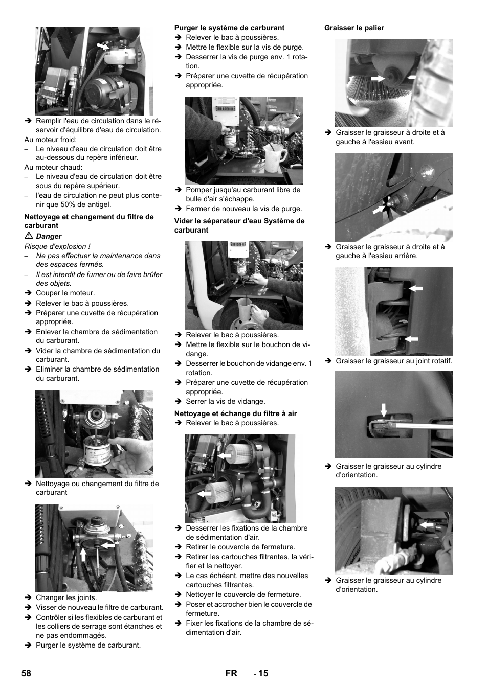 Nettoyage et changement du filtre de carburant, Purger le système de carburant, Vider le séparateur d'eau système de carburant | Nettoyage et échange du filtre à air, Graisser le palier | Karcher ICC 2 D ECO 2SB STAGE IIIa User Manual | Page 58 / 328