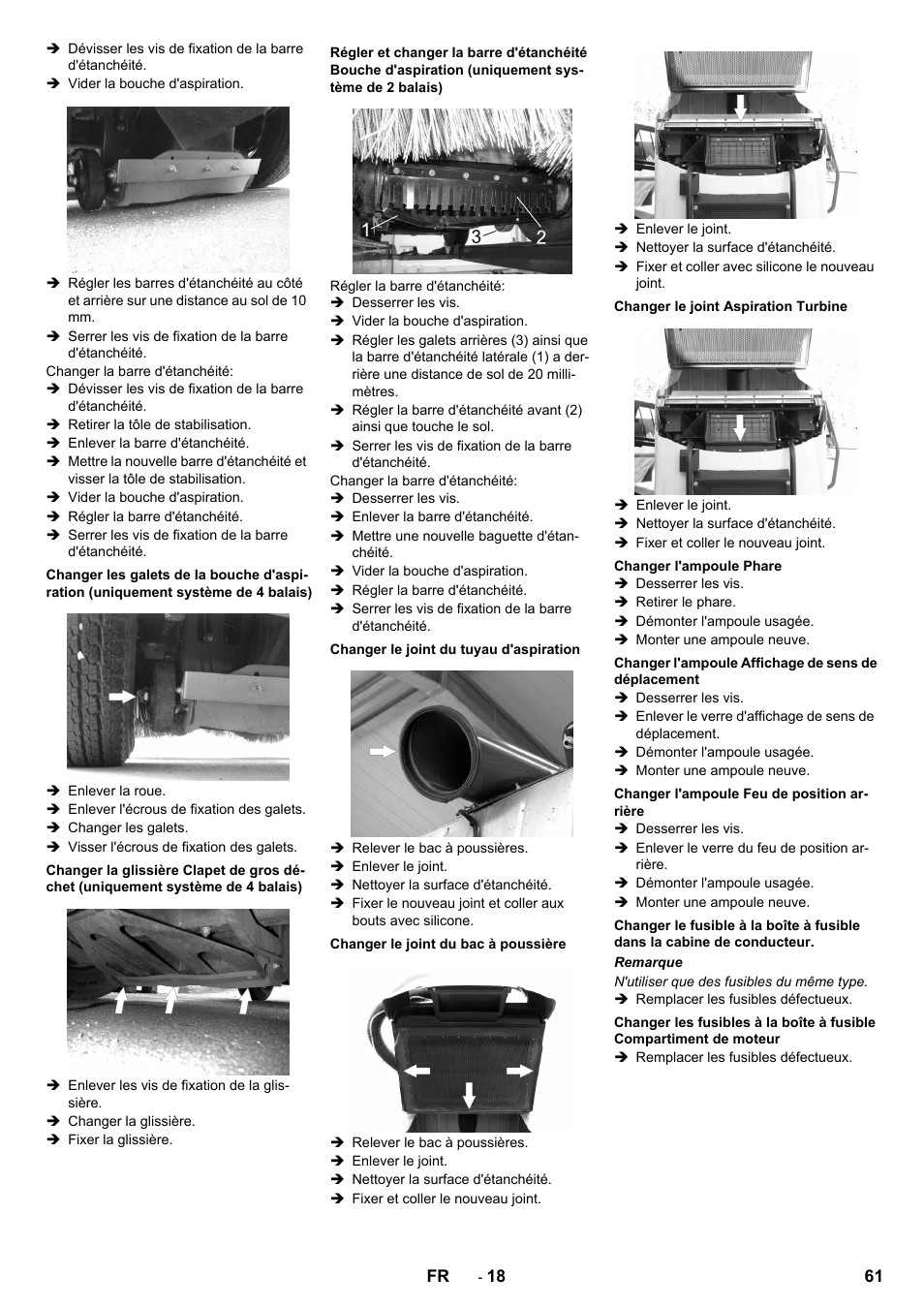 Changer le joint du tuyau d'aspiration, Changer le joint du bac à poussière, Changer le joint aspiration turbine | Changer l'ampoule phare, Changer l'ampoule affichage de sens de déplacement, Changer l'ampoule feu de position arrière | Karcher ICC 2 D ECO 2SB STAGE IIIa User Manual | Page 61 / 328