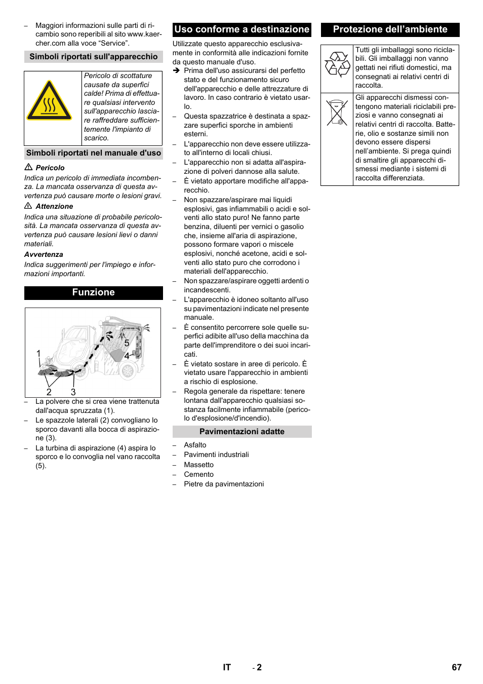 Simboli riportati sull'apparecchio, Simboli riportati nel manuale d'uso, Funzione | Uso conforme a destinazione, Pavimentazioni adatte, Protezione dell’ambiente, Funzione uso conforme a destinazione | Karcher ICC 2 D ECO 2SB STAGE IIIa User Manual | Page 67 / 328