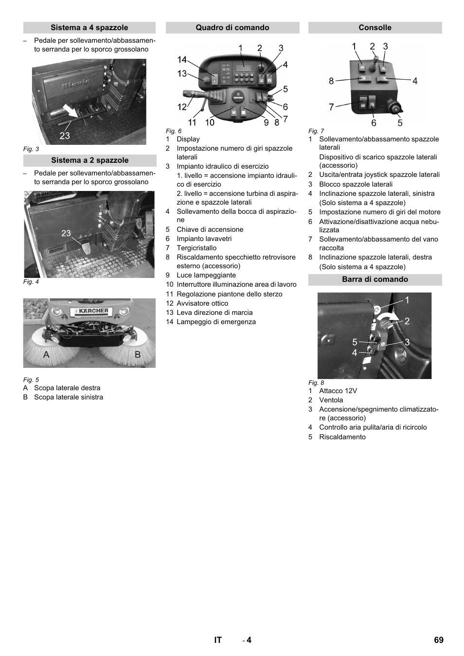 Sistema a 4 spazzole, Sistema a 2 spazzole, Quadro di comando | Consolle, Barra di comando | Karcher ICC 2 D ECO 2SB STAGE IIIa User Manual | Page 69 / 328