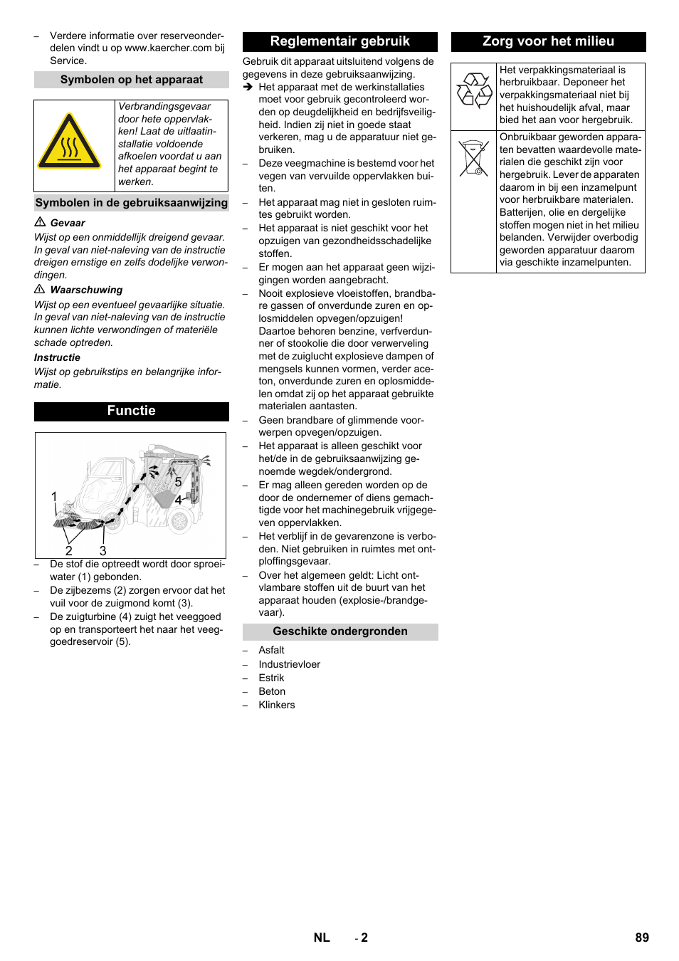 Symbolen op het apparaat, Symbolen in de gebruiksaanwijzing, Functie | Reglementair gebruik, Geschikte ondergronden, Zorg voor het milieu, Functie reglementair gebruik | Karcher ICC 2 D ECO 2SB STAGE IIIa User Manual | Page 89 / 328