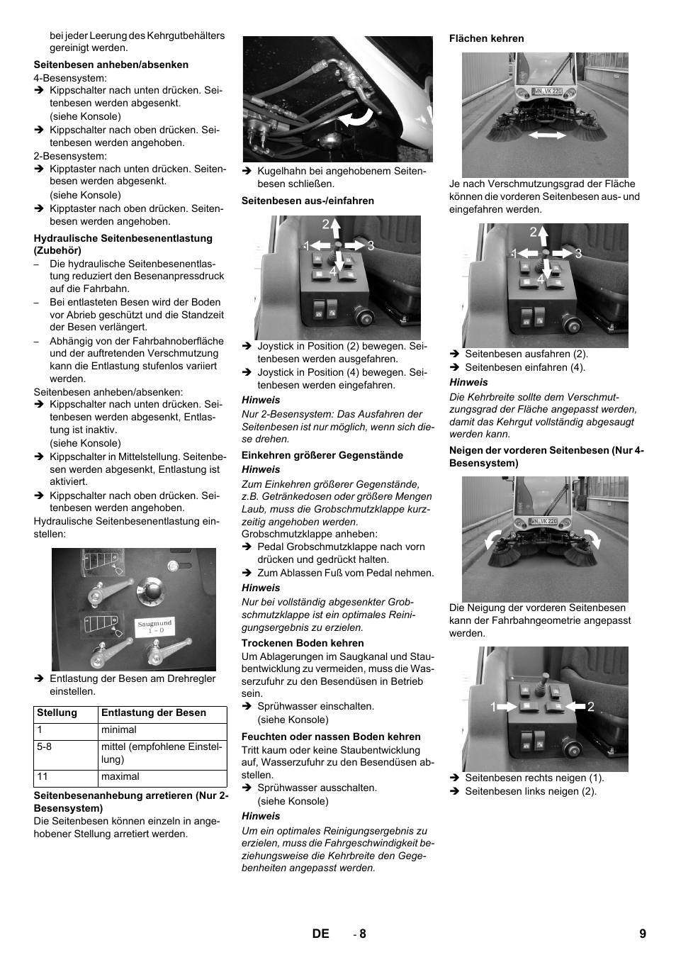 Seitenbesen anheben/absenken, Hydraulische seitenbesenentlastung (zubehör), Seitenbesen aus-/einfahren | Einkehren größerer gegenstände, Trockenen boden kehren, Feuchten oder nassen boden kehren, Flächen kehren | Karcher ICC 2 D ECO 2SB STAGE IIIa User Manual | Page 9 / 328
