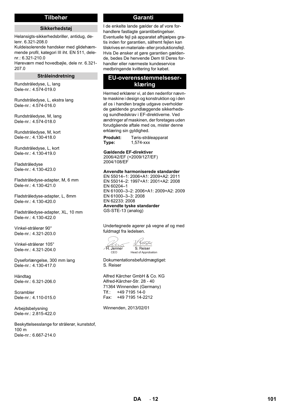 Tilbehør, Garanti eu-overensstemmelseser- klæring | Karcher IB 15-120 User Manual | Page 101 / 334