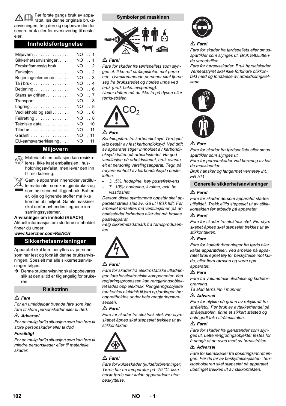 Norsk, Innholdsfortegnelse, Miljøvern sikkerhetsanvisninger | Karcher IB 15-120 User Manual | Page 102 / 334