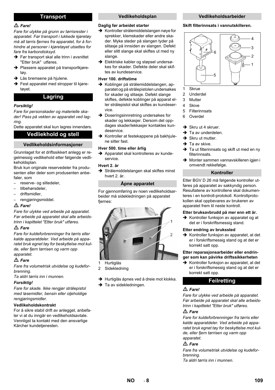 Transport lagring vedliekhold og stell, Feilretting | Karcher IB 15-120 User Manual | Page 109 / 334