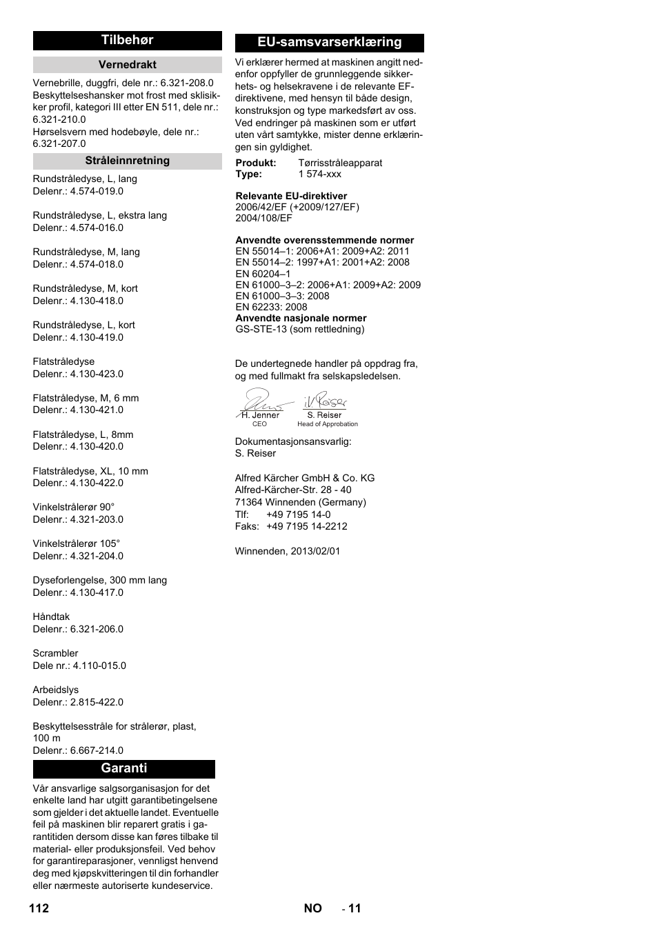 Tilbehør, Garanti eu-samsvarserklæring | Karcher IB 15-120 User Manual | Page 112 / 334
