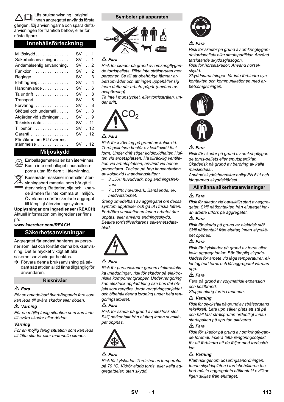 Svenska, Innehållsförteckning, Miljöskydd säkerhetsanvisningar | Karcher IB 15-120 User Manual | Page 113 / 334