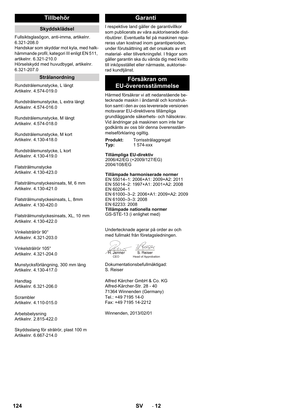 Tillbehör, Garanti försäkran om eu-överensstämmelse | Karcher IB 15-120 User Manual | Page 124 / 334
