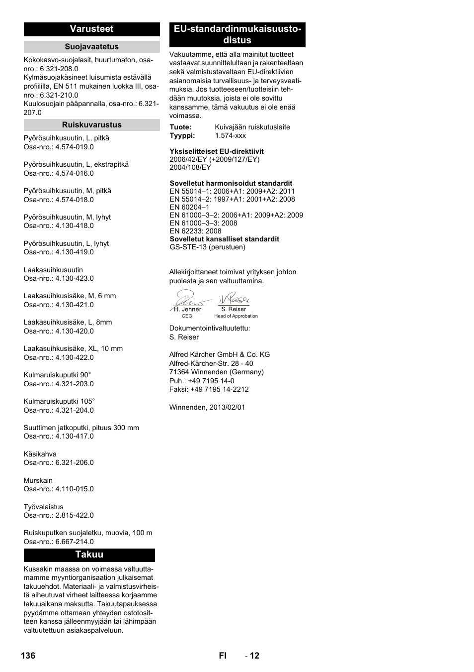 Varusteet, Takuu eu-standardinmukaisuusto- distus | Karcher IB 15-120 User Manual | Page 136 / 334