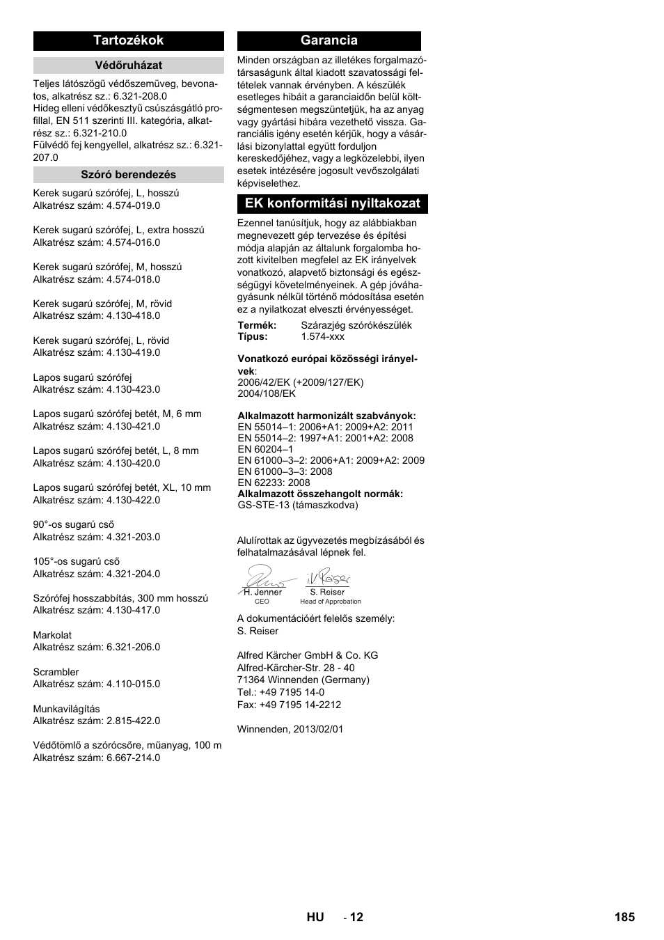 Tartozékok, Garancia ek konformitási nyiltakozat | Karcher IB 15-120 User Manual | Page 185 / 334