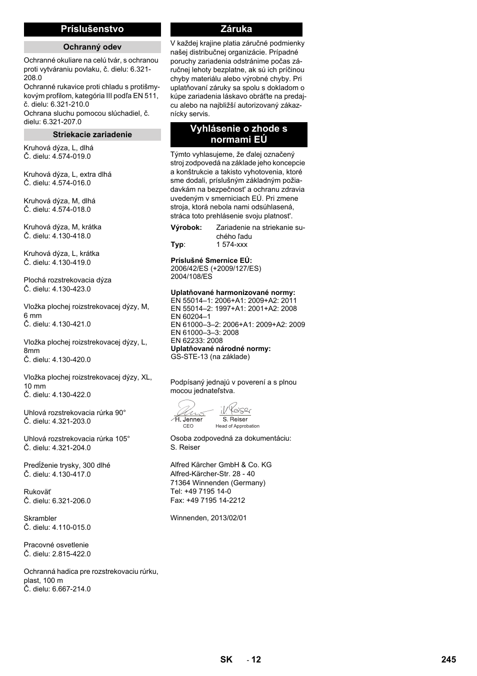 Príslušenstvo, Záruka vyhlásenie o zhode s normami eú | Karcher IB 15-120 User Manual | Page 245 / 334
