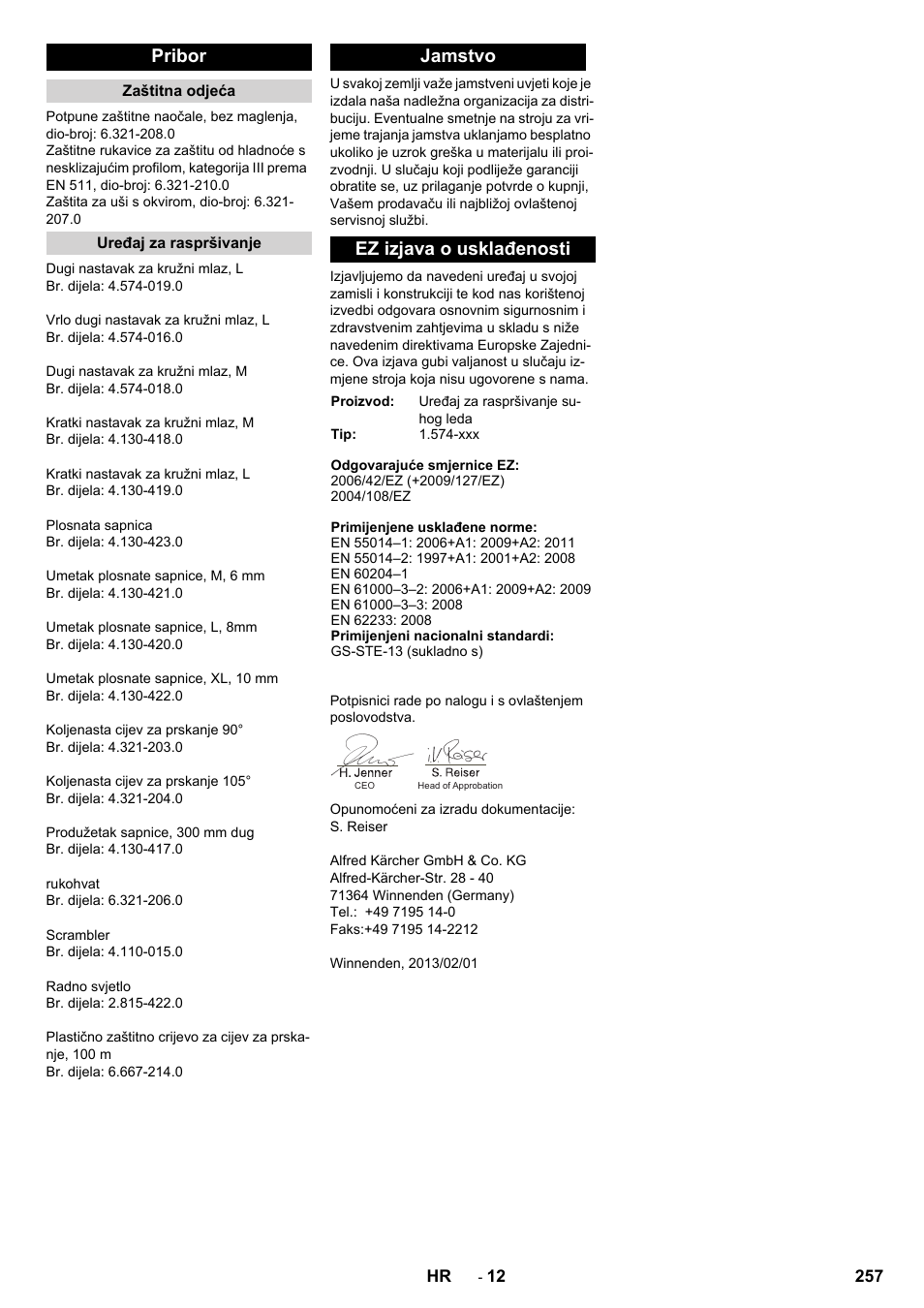 Pribor, Jamstvo ez izjava o usklađenosti | Karcher IB 15-120 User Manual | Page 257 / 334