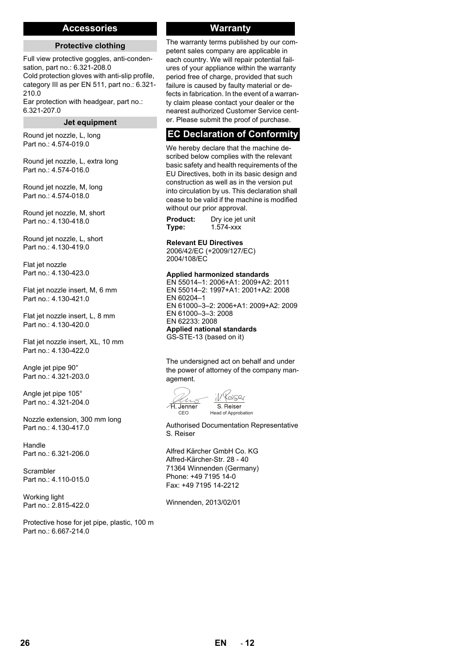 Accessories, Warranty ec declaration of conformity | Karcher IB 15-120 User Manual | Page 26 / 334