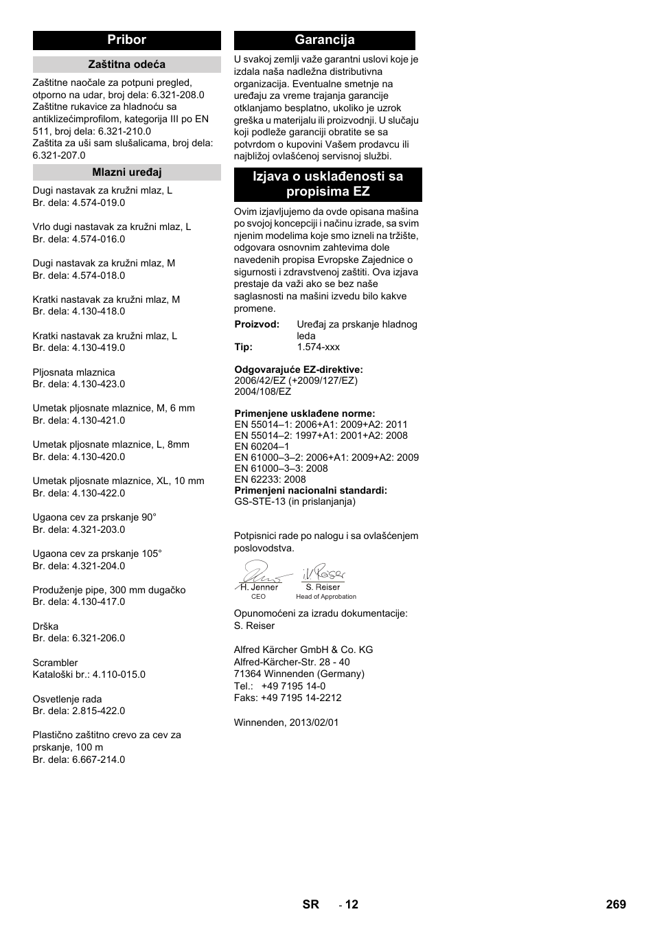 Pribor, Garancija izjava o usklađenosti sa propisima ez | Karcher IB 15-120 User Manual | Page 269 / 334