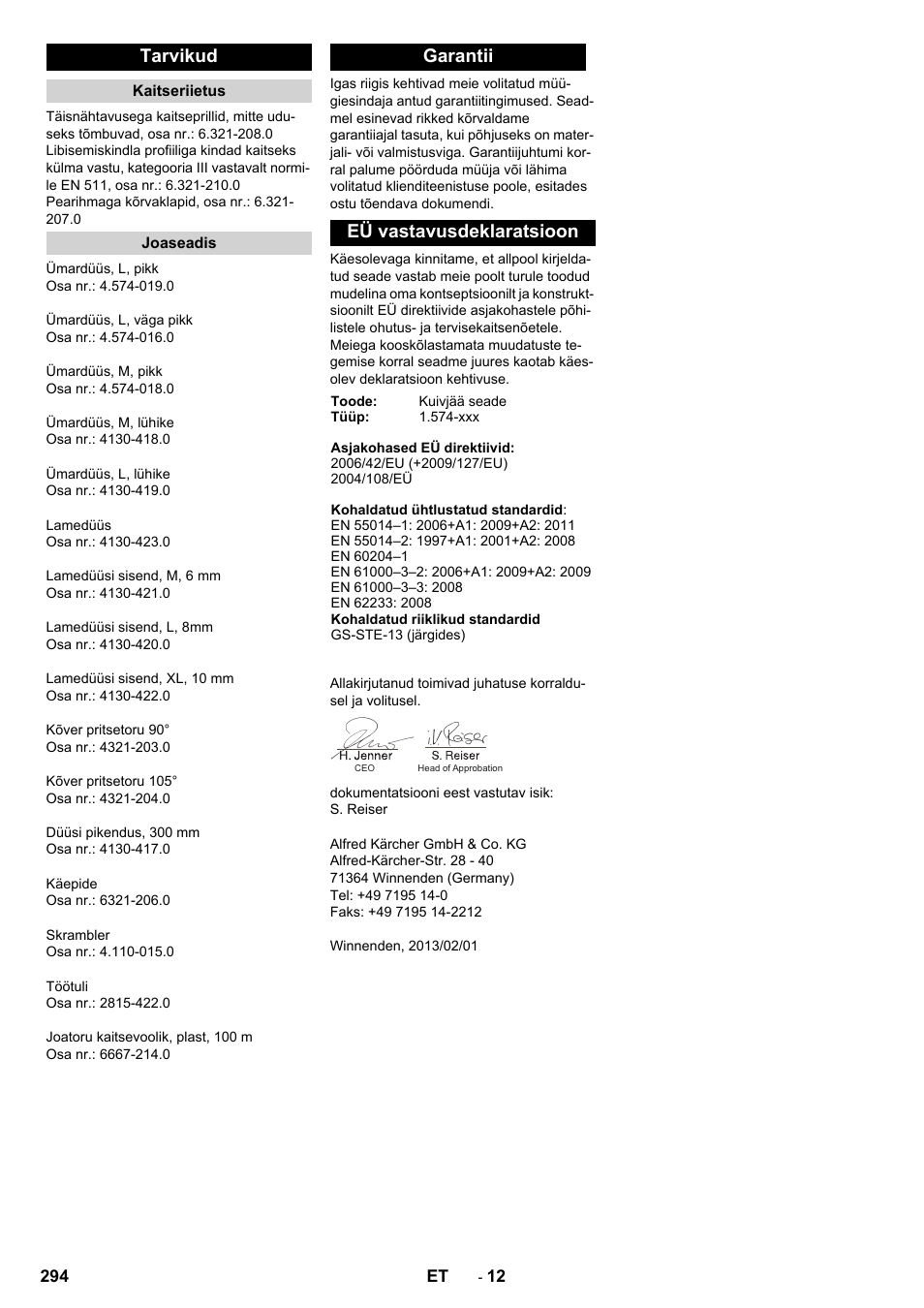 Tarvikud, Garantii eü vastavusdeklaratsioon | Karcher IB 15-120 User Manual | Page 294 / 334