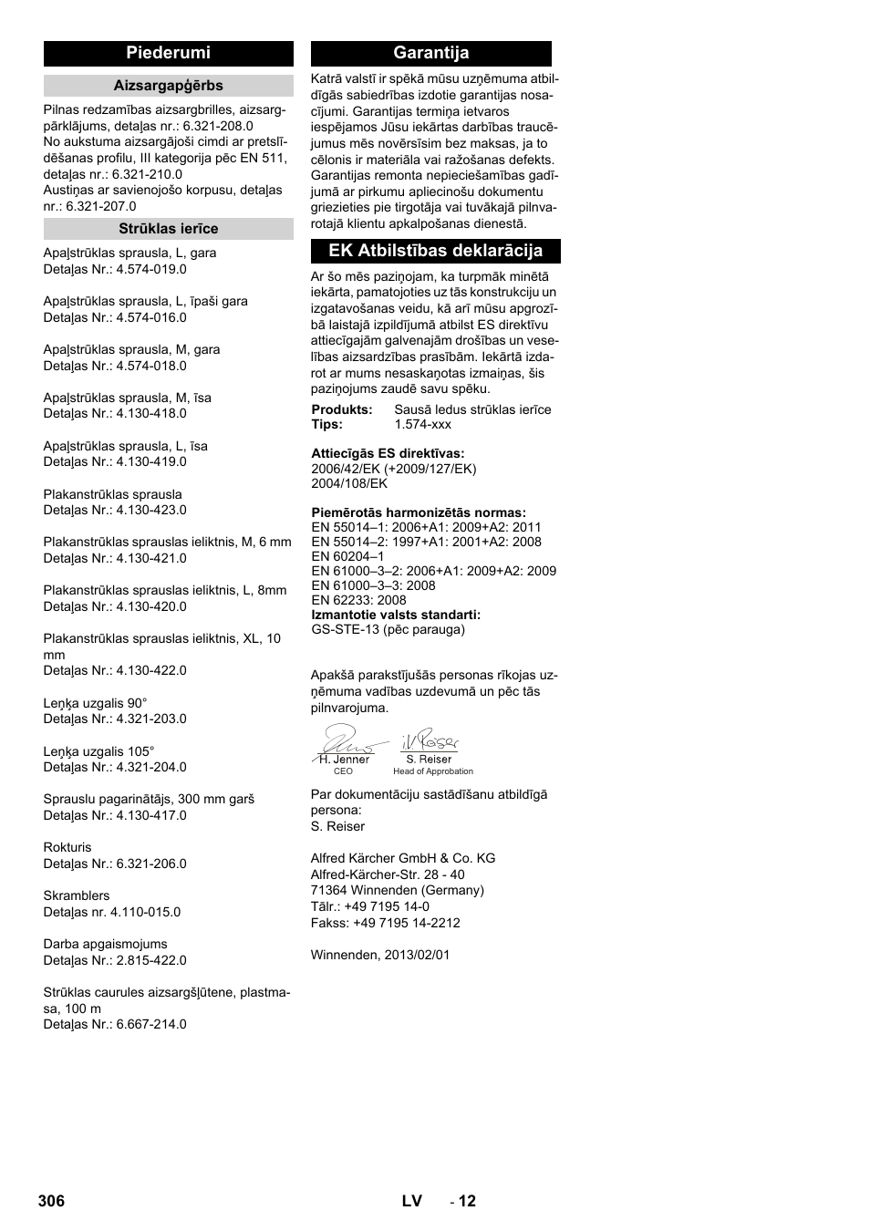 Piederumi, Garantija ek atbilstības deklarācija | Karcher IB 15-120 User Manual | Page 306 / 334