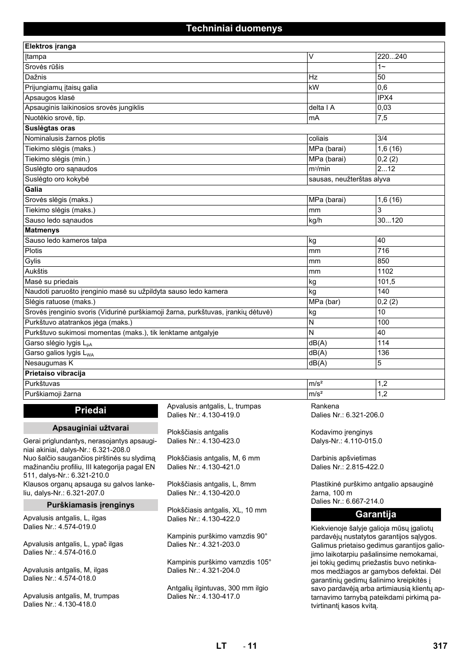Techniniai duomenys, Priedai, Garantija | Karcher IB 15-120 User Manual | Page 317 / 334