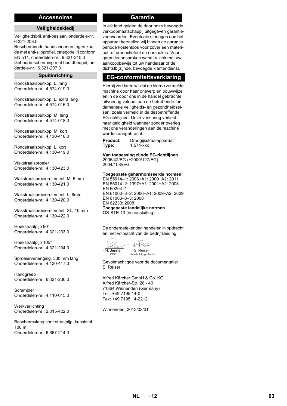Accessoires, Garantie eg-conformiteitsverklaring | Karcher IB 15-120 User Manual | Page 63 / 334