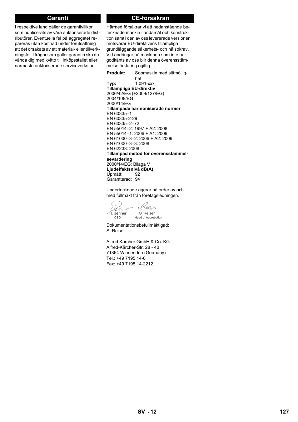 Garanti ce-försäkran | Karcher KMR 1250 BAT User Manual | Page 127 / 196