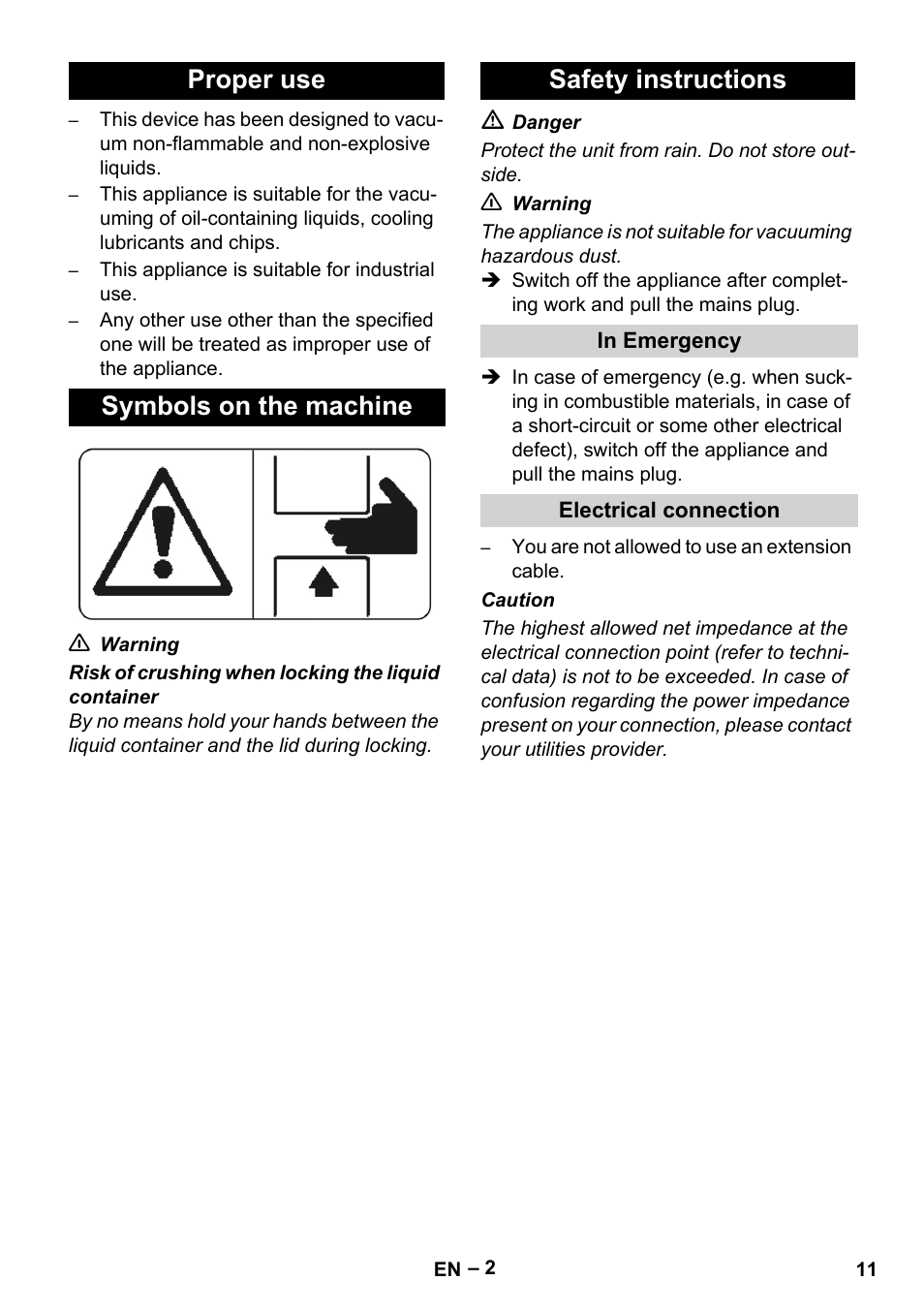 Proper use, Symbols on the machine, Safety instructions | In emergency, Electrical connection | Karcher IVL 120-27-1 User Manual | Page 11 / 204