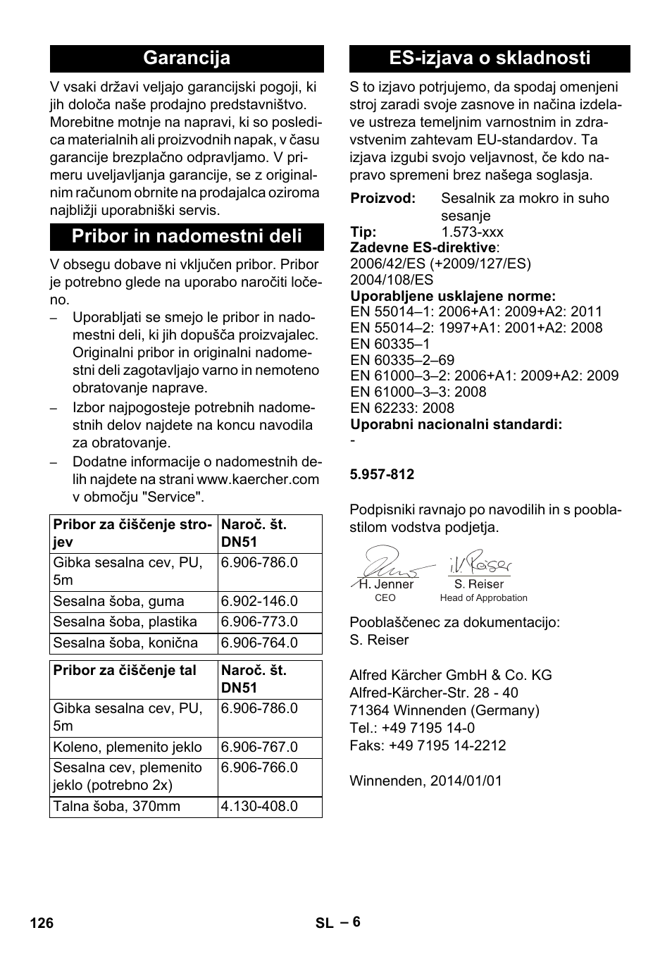 Garancija, Pribor in nadomestni deli, Es-izjava o skladnosti | Garancija pribor in nadomestni deli | Karcher IVL 120-27-1 User Manual | Page 126 / 204