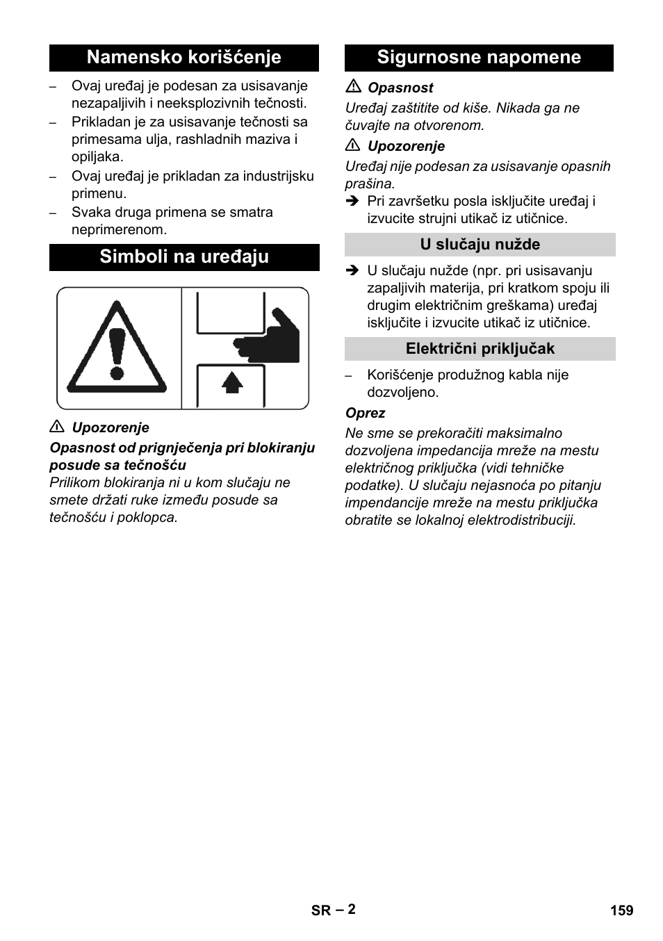 Namensko korišćenje, Simboli na uređaju, Sigurnosne napomene | U slučaju nužde, Električni priključak | Karcher IVL 120-27-1 User Manual | Page 159 / 204