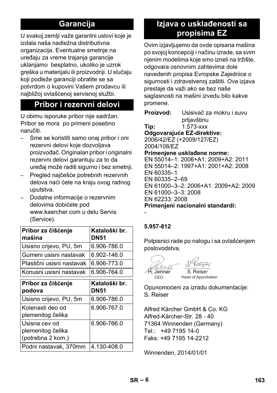 Garancija, Pribor i rezervni delovi, Izjava o usklađenosti sa propisima ez | Garancija pribor i rezervni delovi | Karcher IVL 120-27-1 User Manual | Page 163 / 204