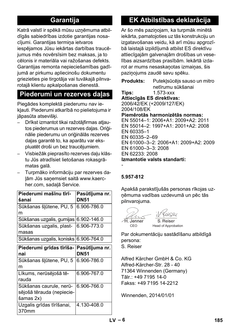 Garantija, Piederumi un rezerves daļas, Ek atbilstības deklarācija | Garantija piederumi un rezerves daļas | Karcher IVL 120-27-1 User Manual | Page 185 / 204