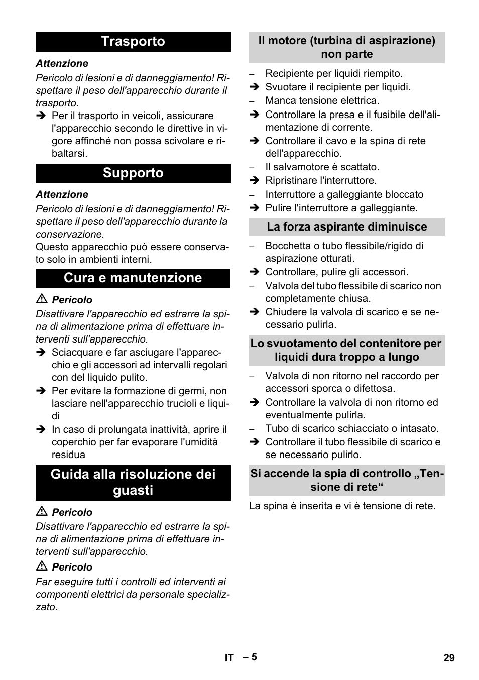 Trasporto, Supporto, Cura e manutenzione | Guida alla risoluzione dei guasti, Il motore (turbina di aspirazione) non parte, La forza aspirante diminuisce, Si accende la spia di controllo „tensione di rete | Karcher IVL 120-27-1 User Manual | Page 29 / 204