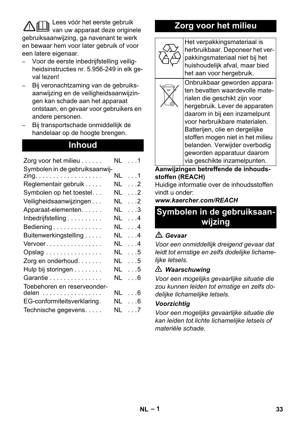 Nederlands, Inhoud, Zorg voor het milieu | Symbolen in de gebruiksaanwijzing, Symbolen in de gebruiksaan- wijzing | Karcher IVL 120-27-1 User Manual | Page 33 / 204