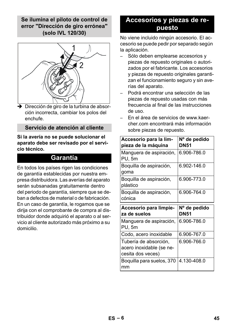 Servicio de atención al cliente, Garantía, Accesorios y piezas de repuesto | Garantía accesorios y piezas de re- puesto | Karcher IVL 120-27-1 User Manual | Page 45 / 204
