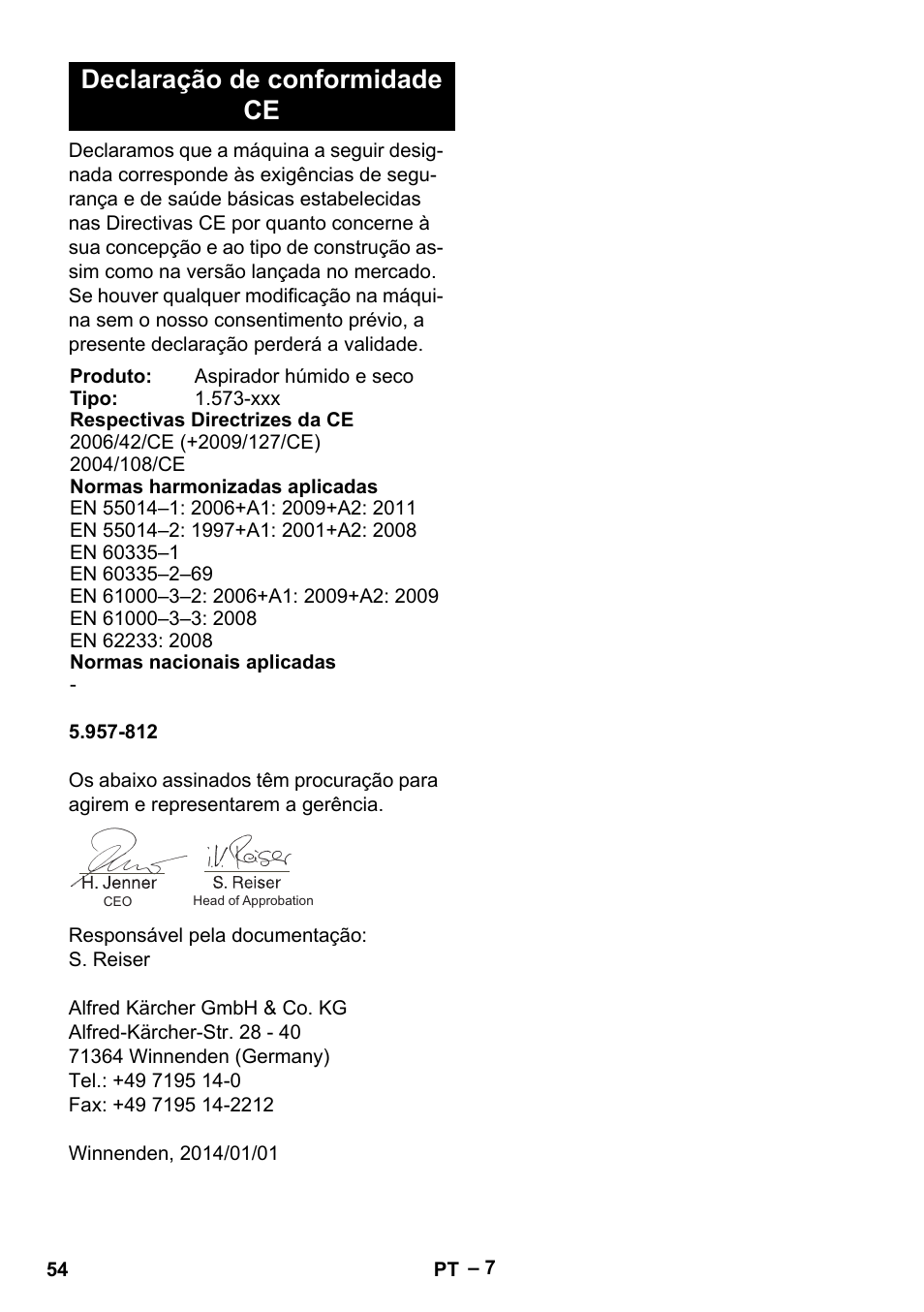 Declaração de conformidade ce | Karcher IVL 120-27-1 User Manual | Page 54 / 204
