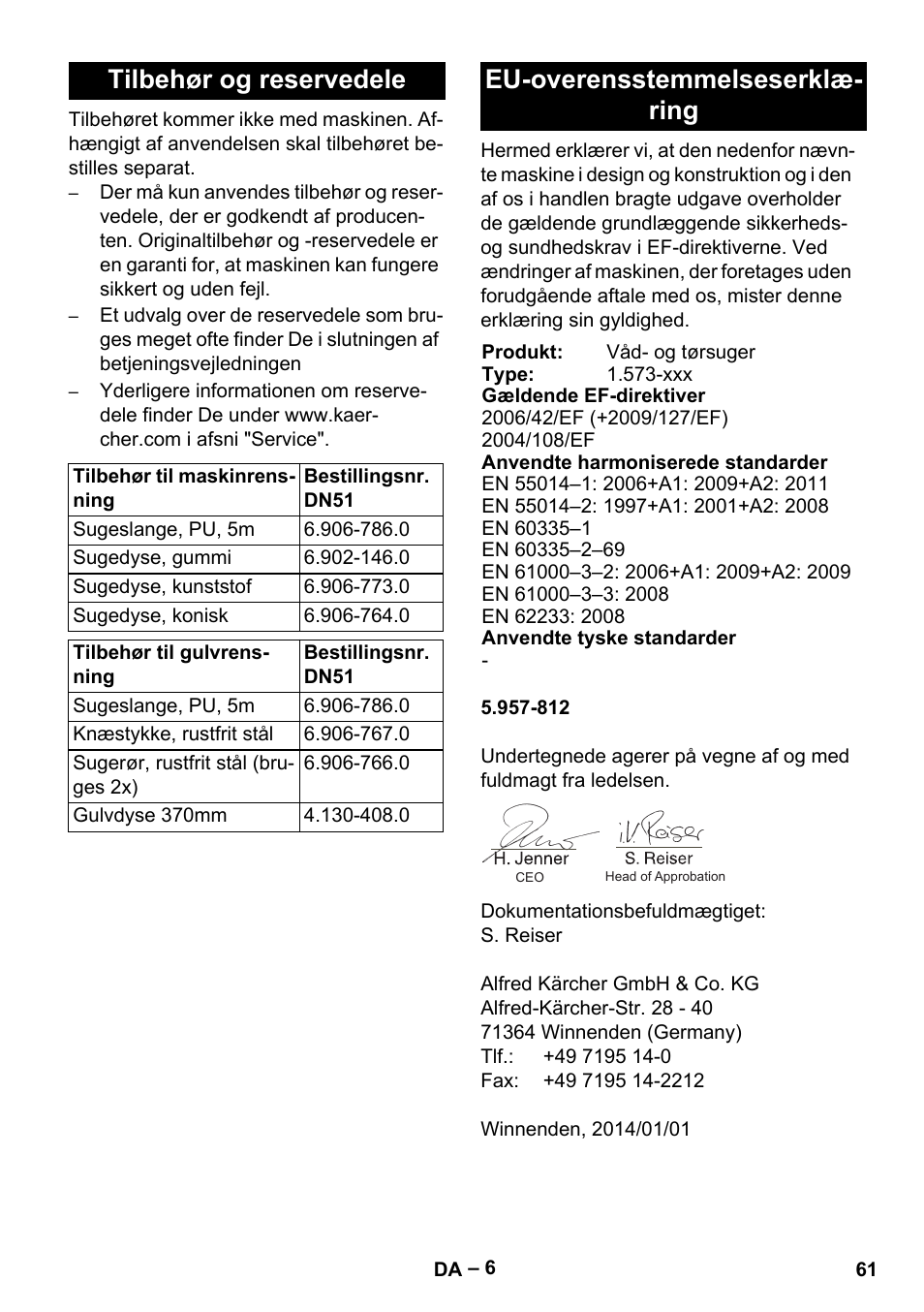 Tilbehør og reservedele, Eu-overensstemmelseserklæring, Eu-overensstemmelseserklæ- ring | Karcher IVL 120-27-1 User Manual | Page 61 / 204