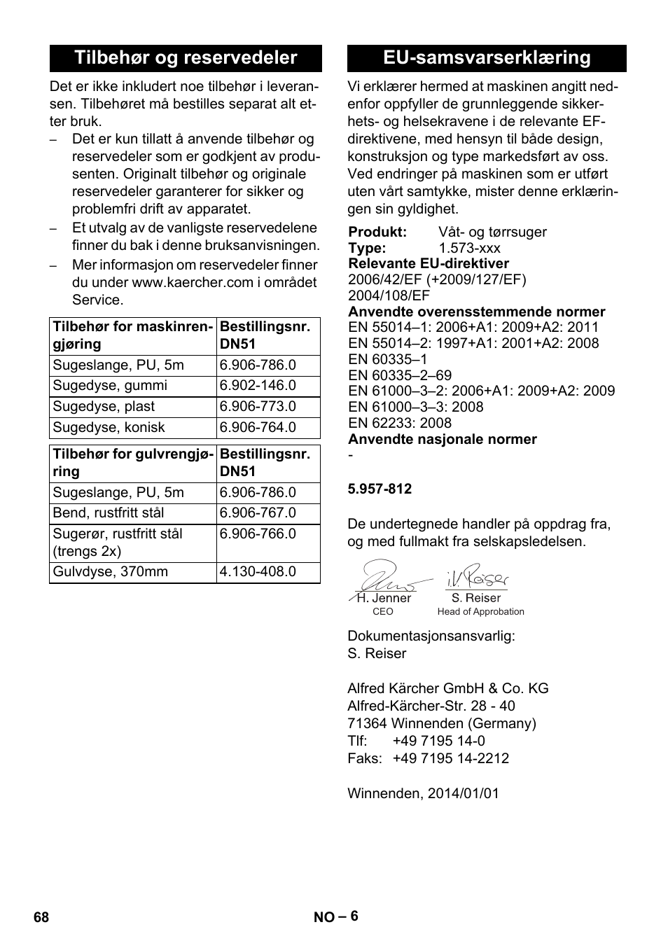 Tilbehør og reservedeler, Eu-samsvarserklæring | Karcher IVL 120-27-1 User Manual | Page 68 / 204