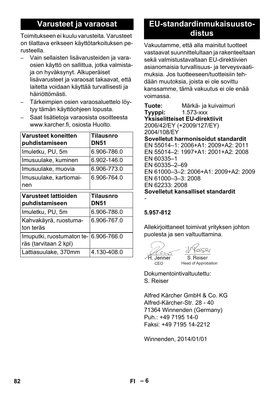 Varusteet ja varaosat, Eu-standardinmukaisuustodistus, Eu-standardinmukaisuusto- distus | Karcher IVL 120-27-1 User Manual | Page 82 / 204