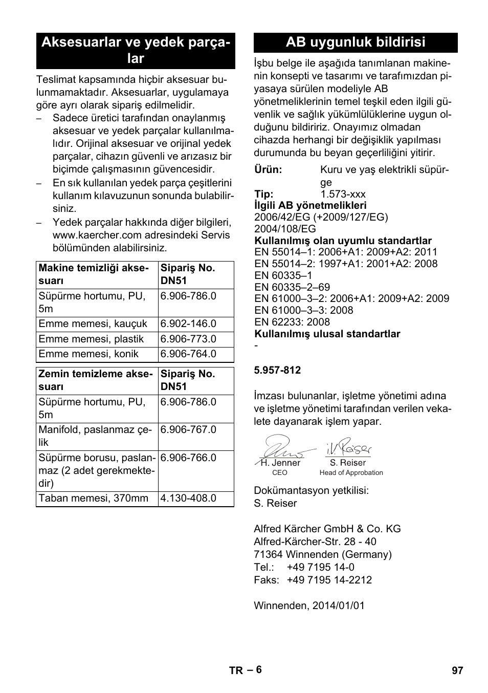 Aksesuarlar ve yedek parçalar, Ab uygunluk bildirisi, Aksesuarlar ve yedek parça- lar | Karcher IVL 120-27-1 User Manual | Page 97 / 204
