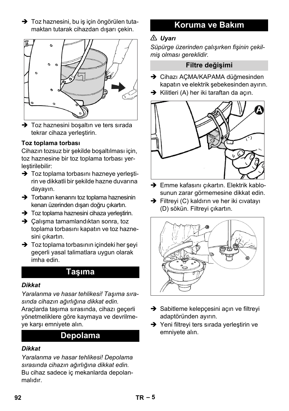 Toz toplama torbası, Taşıma, Depolama | Koruma ve bakım, Filtre değişimi, Taşıma depolama koruma ve bakım | Karcher IV 60-30 User Manual | Page 92 / 196